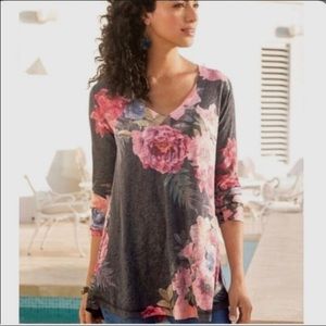 SOFT SURROUNDINGS MID NIGHT BLOOMS FLORAL SWEATER